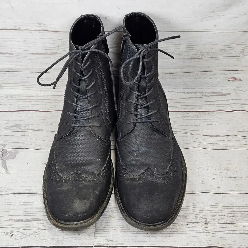 Unlisted Men's Black US 10.5 Brogue Lace Up Side Zip Wingtoe Boots Synthetic